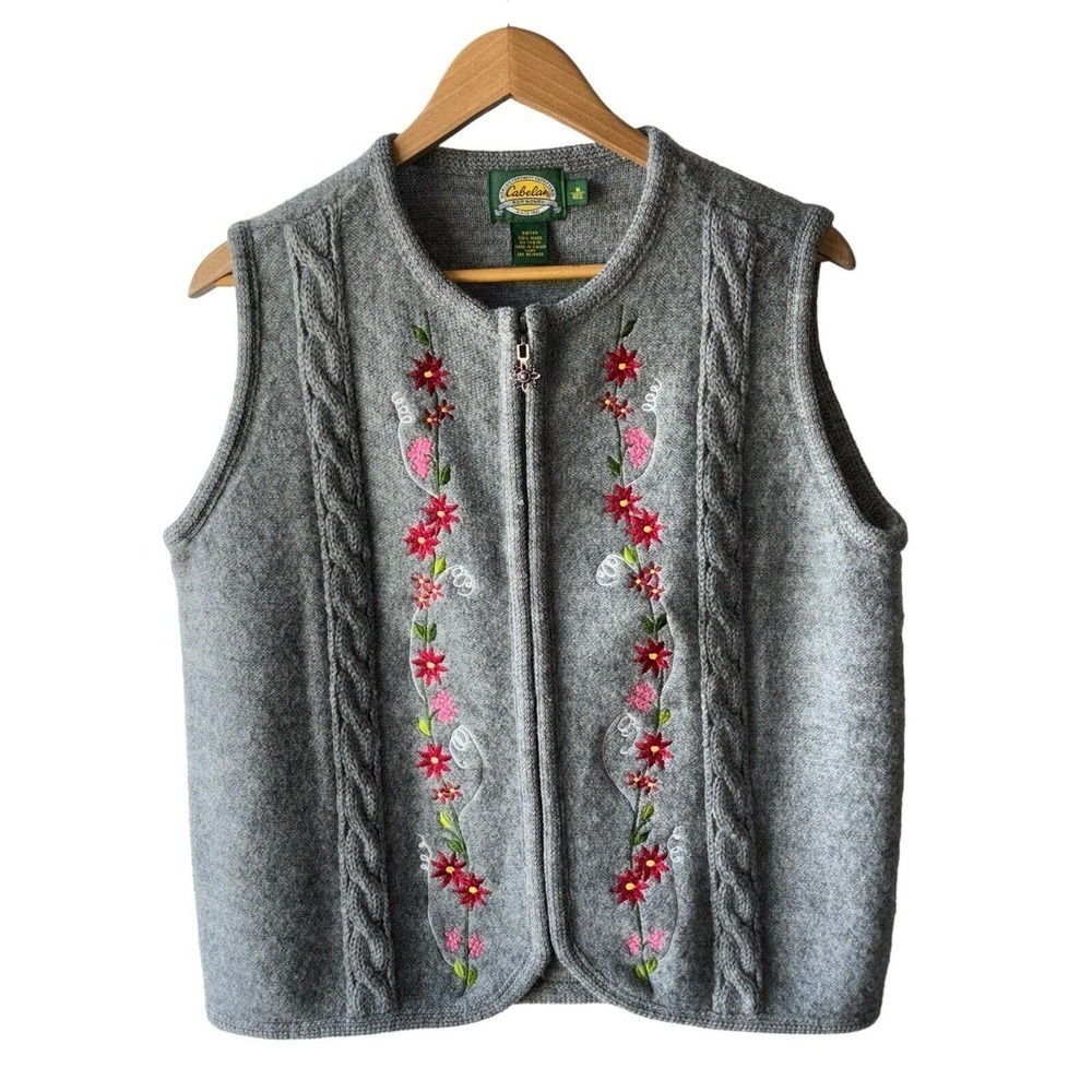 Cabela's Gray 100% Wool Floral Embroidered Full Zip Cable Knit Sweater Vest
